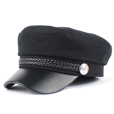 Women Vintage Baker Boy Hat Black Cotton PU Leather Brim Newsboy Cap Braided Rope Metal Button Retro Fiddler Flat Top Hat