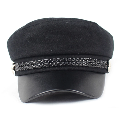 Women Vintage Baker Boy Hat Black Cotton PU Leather Brim Newsboy Cap Braided Rope Metal Button Retro Fiddler Flat Top Hat
