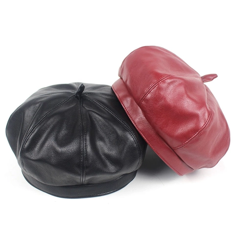 Mode PU Leer Baret Voor Vrouwen Vintage Effen Kleur Zeshoekige Kunstenaar Pet Herfst Winter Casual Schilder Hoed