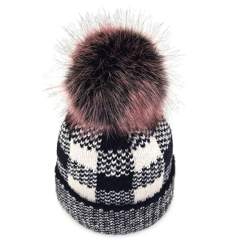 Women Winter Warm Knit Beanie Hat With Large Faux Fox Fur Pom Pom Plaid Checkerboard Pattern Cuffed Knit Cap For Daily Wear
