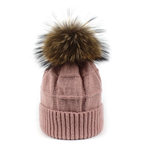Gorro de Punto de Lana Cálido para Mujer Con Pompon Grande de Piel de Mapache Gorro Térmico de Invierno