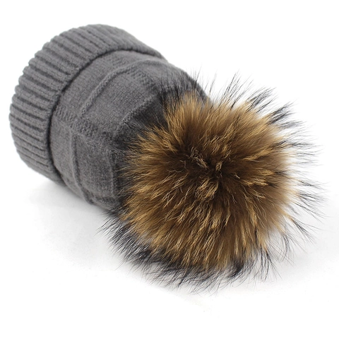 Gorro de Punto de Lana Cálido para Mujer Con Pompon Grande de Piel de Mapache Gorro Térmico de Invierno