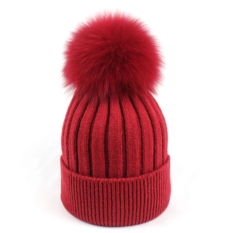 Dames Herfst Winter Warm Konijnenfluweel Gebreide Muts Met Echte Vossenvacht Pompon Geribbelde Pullover Cap