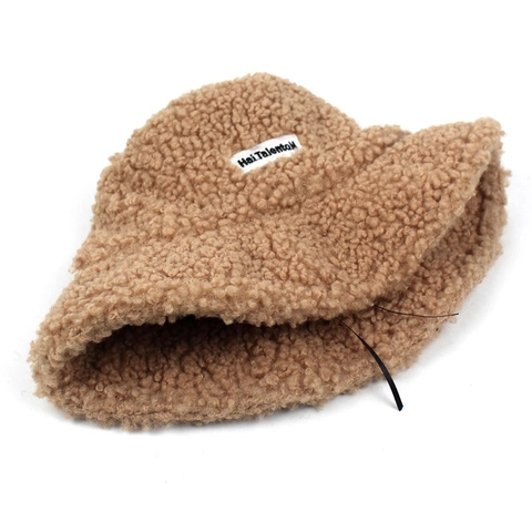 Women's Warm Lambswool Bucket Hat Teddy Fleece Winter Fisherman Hat Soft Solid Color Round Top Wide Brim Casual Sun Hat