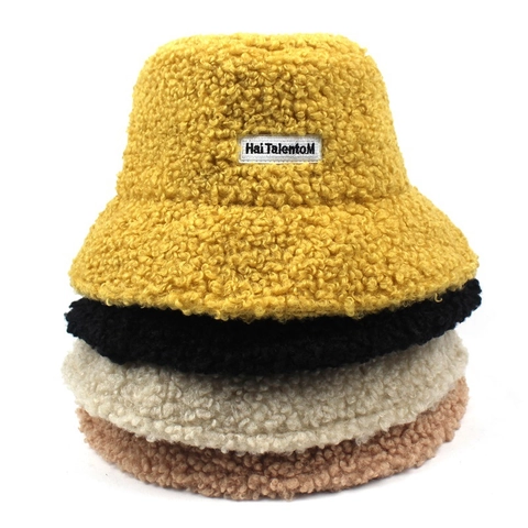 Women's Warm Lambswool Bucket Hat Teddy Fleece Winter Fisherman Hat Soft Solid Color Round Top Wide Brim Casual Sun Hat