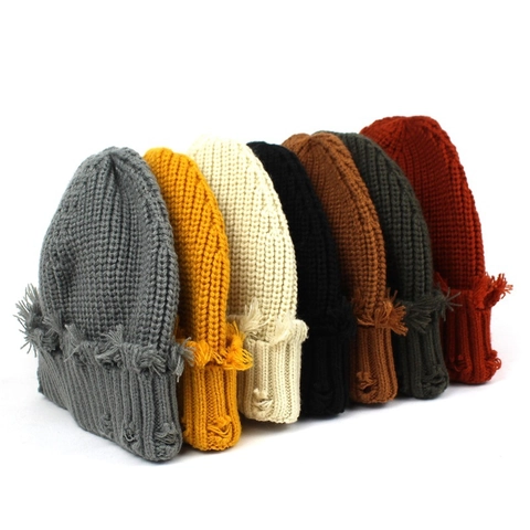 Vintage Distressed Knitted Beanie Korean Streetwear Warm Winter Acrylic Hat For Men Women Casual Solid Color Fringed Landlord Hat