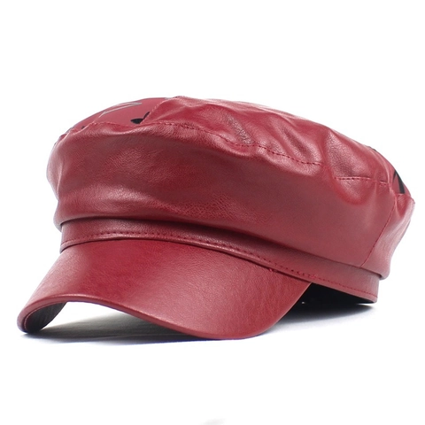 Cappello Newsboy in Pelle PU da Donna Vintage Tinta Unita Baker Boy Berretto Moda Top Piatto Marinaio per Donna Casual Streetwear