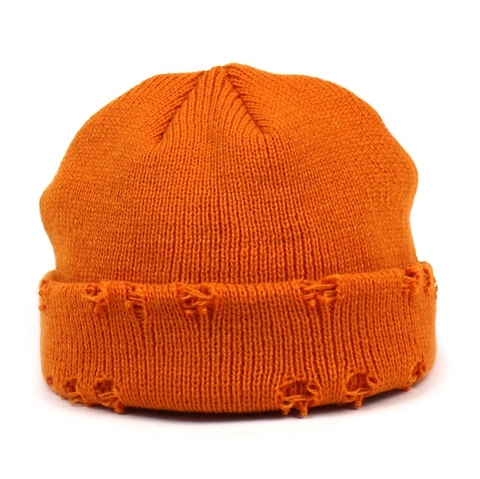 Distressed Acrylic Knit Beanie For Women Trendy Streetwear Ribbed Cuffed Brimless Landlord Hat Winter Warm Pullover Cap