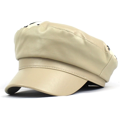Cappello Newsboy in Pelle PU da Donna Vintage Tinta Unita Baker Boy Berretto Moda Top Piatto Marinaio per Donna Casual Streetwear