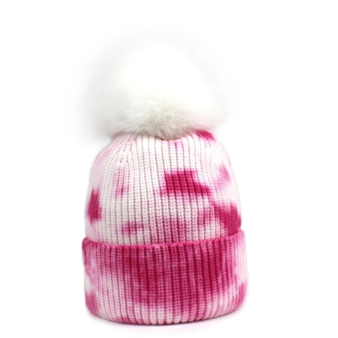 Women's Tie-Dye Knit Beanie Hat With Large Faux Fur Pom-Pom Winter Warm Ribbed Cuff Pullover Cap For Fashion Outdoor Daily Wear
