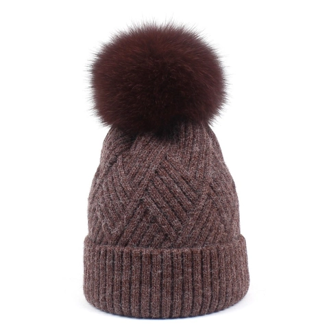 Women Winter Knit Beanie Hat Large Fur Pom Pom Warm Wool Acrylic Blend Diamond Lattice Pattern Cuffed Thermal Skull Cap