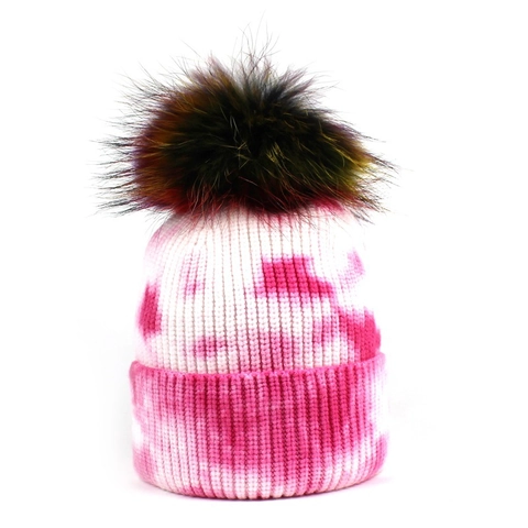 Women Tie Dye Knitted Beanie Hat With Large Faux Fur Pompom Colorful Winter Warm Skull Cap Core Spun Yarn Fashion Outdoor