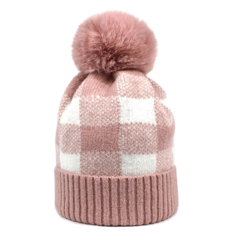 Women Winter Plaid Knit Beanie Hat With Faux Fur Pom Pom Soft Brushed Yarn Warm Checked Skull Cap Daily Headwear