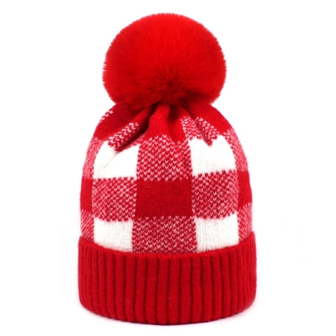 Women Winter Plaid Knit Beanie Hat With Faux Fur Pom Pom Soft Brushed Yarn Warm Checked Skull Cap Daily Headwear