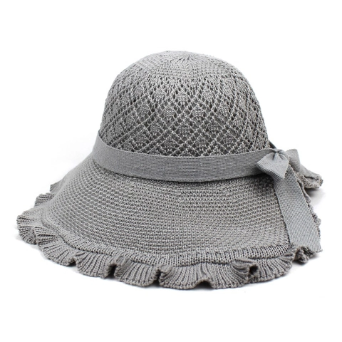 Women Cotton Yarn Knitted Sun Hat Hollow Out Large Brim Wavy Edge Bowknot Summer Beach Vacation Foldable Shading Hat