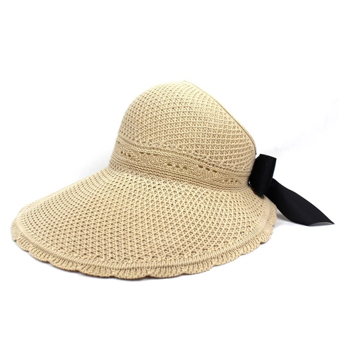 Women Summer Sun Visor Hat Straw Look Knit Wide Brim Beach Sun Hat With Large Satin Bow Foldable Elegant Vacation Hat