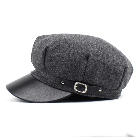 Vintage Woolen And PU Leather Patchwork Newsboy Cap For Women British Style Octagonal Hat With Metal Buckle Winter Hat