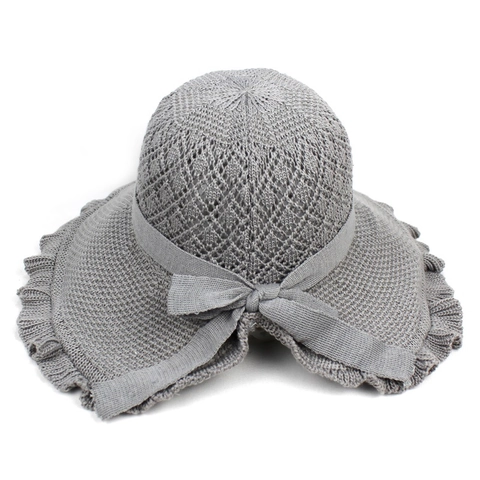 Women Cotton Yarn Knitted Sun Hat Hollow Out Large Brim Wavy Edge Bowknot Summer Beach Vacation Foldable Shading Hat
