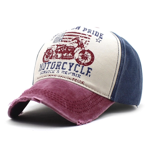 Berretto da Baseball Vintage in Cotone Lavato per Uomo Donna Colorblock Consumato Motocicletta Stampa Lettere Cappello da Sole Regolabile