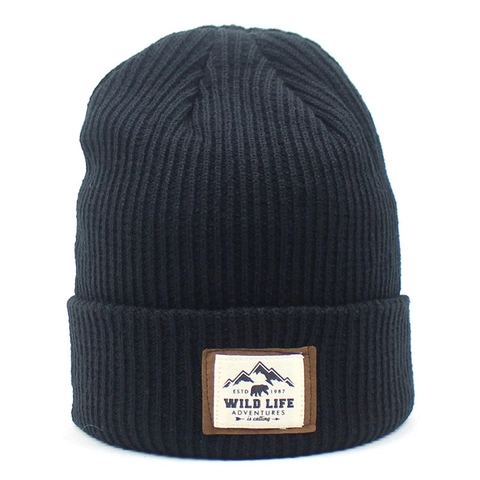 Men Women Retro Knit Beanie Hat Wild Life Adventures Patch Striped Cuffed Warm Outdoor Winter Woolen Skull Cap