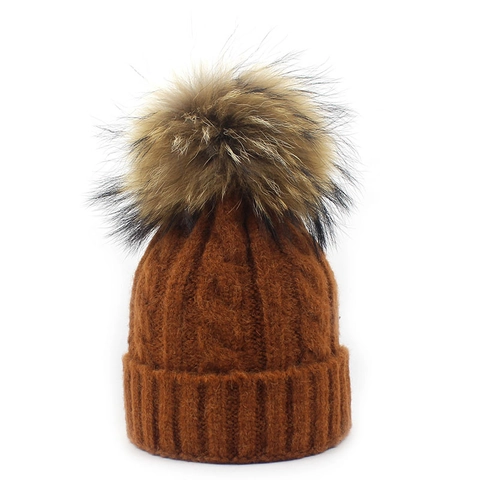 Warm Wool Blend Cable Knit Beanie Hat With Raccoon Fur Pom Pom For Adult And Child Matching Parent Child Winter Cold Hat