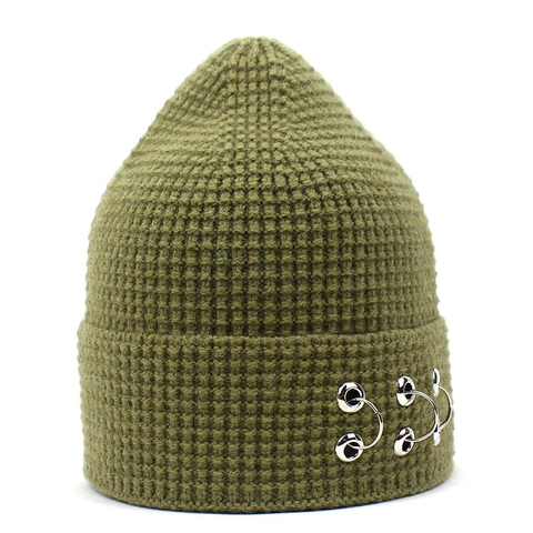 Fashion Knitted Beanie Hat With Metal Iron Rings Punk Street Style Waffle Knit Warm Solid Color Woolen Cap Autumn Winter
