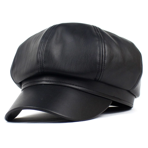 Gorra Octagonal de Cuero PU Vintage para Mujer Color Sólido Moda Gorra de Vendedor de Periódicos Otoño Invierno Cálido Boina de Ala Corta