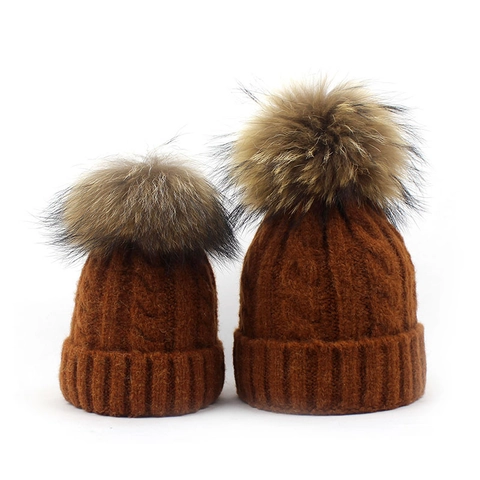Warm Wool Blend Cable Knit Beanie Hat With Raccoon Fur Pom Pom For Adult And Child Matching Parent Child Winter Cold Hat