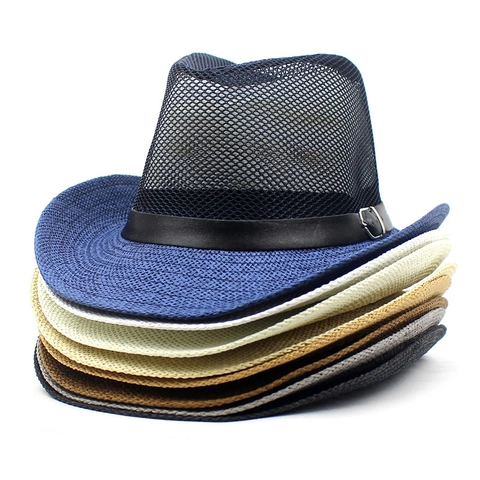Summer Breathable Mesh Fedora Hat For Men Women Paper Straw Spliced Cowboy Sun Hat Wide Brim Beach Jazz Hat With Belt Buckle