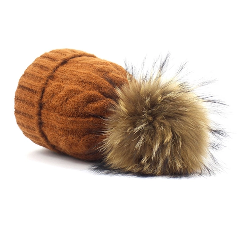 Gorro de Punto a Juego para Padres e Hijos Con Pompon de Piel de Mapache Real Grande Invierno Cálido Acrílico