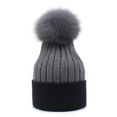 Women's Winter Knitted Wool Beanie Hat with Real Fox Fur Pom-pom Color Block Warm Ribbed Skull Cap For Outdoor Headwear