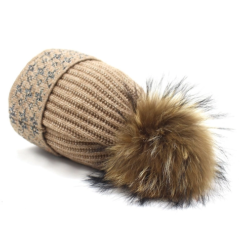 Women Winter Knitted Beanie Hat With Raccoon Fur Pom Pom Glitter Star Pattern Warm Outdoor Acrylic Ribbed Skull Cap