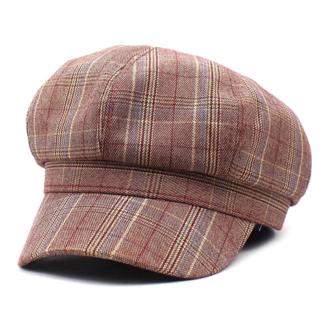 Vintage Plaid Newsboy Cap For Women British Style Octagonal Beret Hat Autumn Winter Warm Polyester Cotton Painter Cap