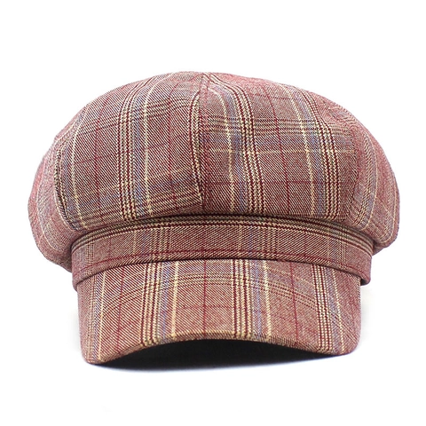 Vintage Plaid Newsboy Cap For Women British Style Octagonal Beret Hat Autumn Winter Warm Polyester Cotton Painter Cap