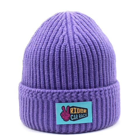 Women Knitted Beanie Hat Warm Winter Ribbed Cuff Skull Cap With Rider Car Race Patch Fashion Casual Solid Color Headwear
