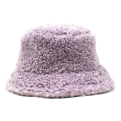 Women Winter Faux Fur Bucket Hat Warm Lamb Wool Plush Fisherman Cap Solid Color Outdoor Windproof Soft Basin Hat