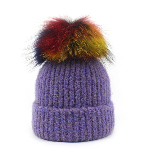Women Winter Warm Knit Beanie Hat With Large Colorful Faux Fur Pom-pom Thick Ribbed Cuff Slouchy Skull Cap Outdoor Fashion Headwear