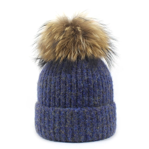 Women's Winter Acrylic Knit Beanie Hat With Detachable Large Faux Raccoon Fur Pom-pom Warm Ribbed Cuff Slouchy Skull Cap