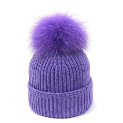 Gorro de Punto Acanalado para Mujer Con Pompon de Piel de Zorro Real Gorro de Invierno Cálido con Dobladillo