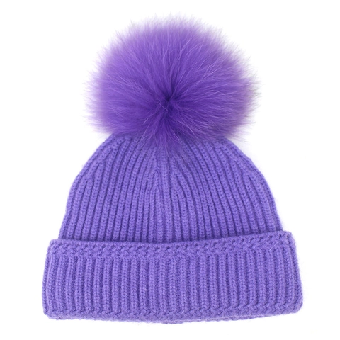 Gorro de Punto Acanalado para Mujer Con Pompon de Piel de Zorro Real Gorro de Invierno Cálido con Dobladillo