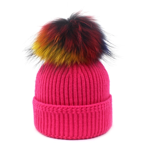 Women Winter Knitted Beanie Hat With Detachable Colorful Raccoon Faux Fur Pom Pom Warm Ribbed Cuffed Skull Cap Fashion Outdoor