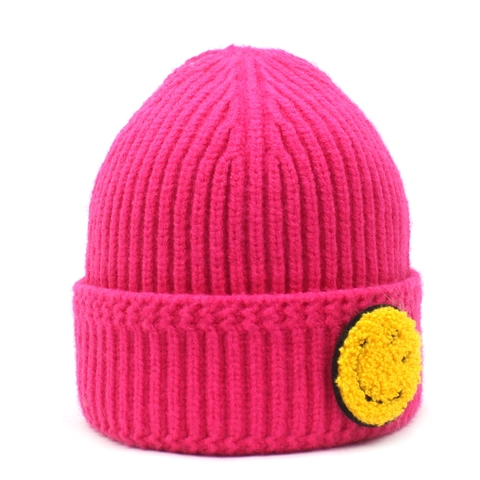 Bonnet d'Hiver pour Femme en Fil Guipé Chaud Bonnet à Côtes Avec Patch Visage Souriant Jaune Couvre-chef Mignon pour Femme