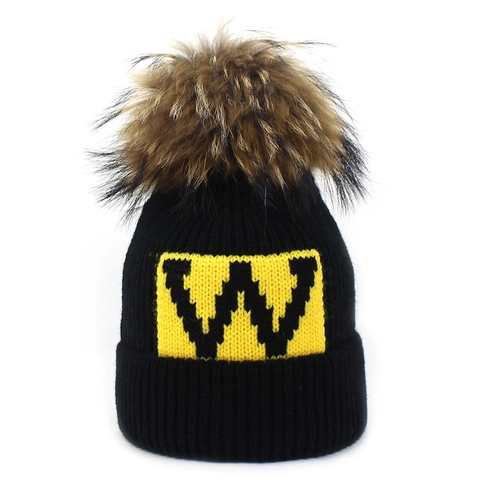 Berretto Invernale da Donna in Maglia Con Pompon in Vera Pelliccia di Procione Motivo Lettera W Cappello Caldo Con Risvolto