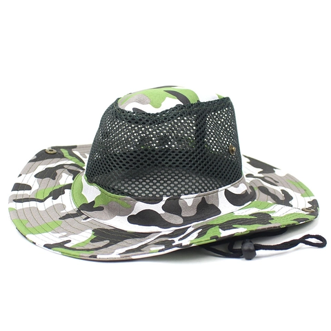 Heren Outdoor Camouflage Vissershoed Met Ademend Mesh Brede Rand Zonbescherming Boonie Hat Verstelbaar Trekkoord