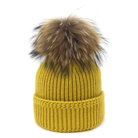 Women Winter Knitted Beanie Hat With Genuine Raccoon Fur Pom Pom Warm Ribbed Core-Spun Yarn Thick Skull Cap Soft Thermal Hat