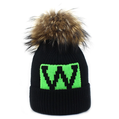 Berretto Invernale da Donna in Maglia Con Pompon in Vera Pelliccia di Procione Motivo Lettera W Cappello Caldo Con Risvolto
