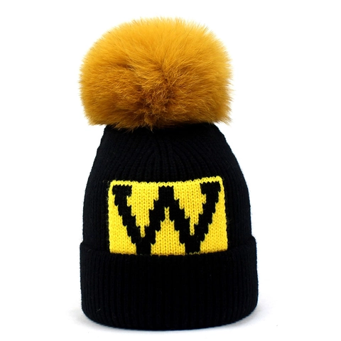 Women Winter Knitted Beanie Hat With Large Real Fox Fur Pom Pom Letter W Patch Warm Cuffed Ribbed Wool Pullover Skull Cap