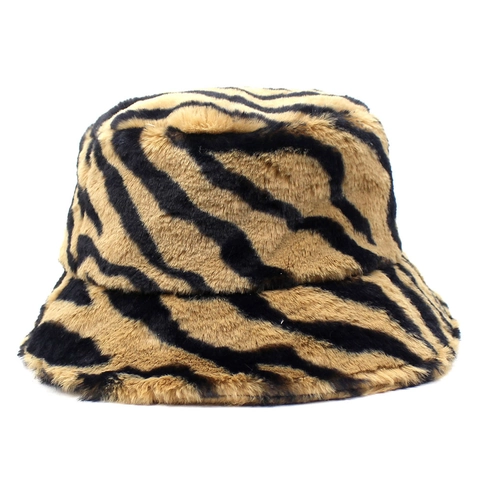 Cappello a Secchiello in Pelliccia Sintetica con Stampa Tigre Donna Invernale Caldo Cappello da Pescatore in Peluche Moda Zebra