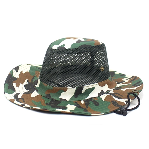 Heren Outdoor Camouflage Vissershoed Met Ademend Mesh Brede Rand Zonbescherming Boonie Hat Verstelbaar Trekkoord