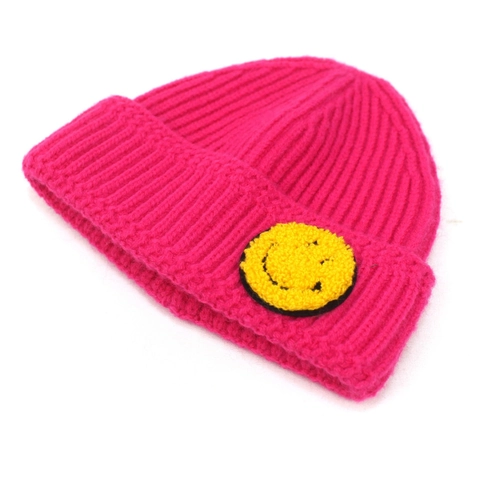 Bonnet d'Hiver pour Femme en Fil Guipé Chaud Bonnet à Côtes Avec Patch Visage Souriant Jaune Couvre-chef Mignon pour Femme